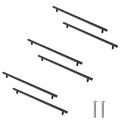 Cjueiom 6 Pack Matt Black Cupboard Handles 192mm Hole Center T Bar Handles, Stainless Steel Drawer Long Wardrobe Door Pulls