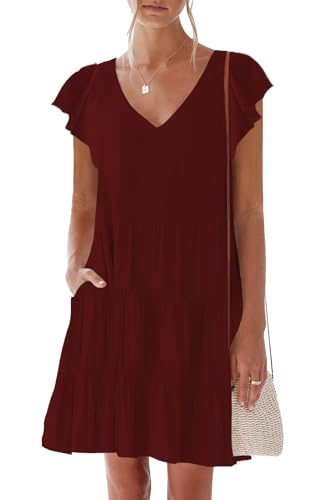 Image of nclook Womens Summer Casual Dresses Sweet Cute V Neck Mini Dress with Pockets Ruffle Short Sleeve