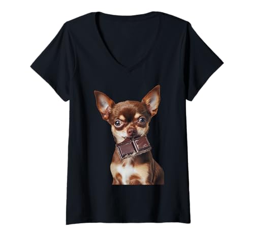 Design con chihuahua Donna Cioccolato Chihuahua Maglietta con Collo a V