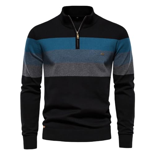 Men's Quarter Zip Stripe Sweaters Slim Fit Lightweight Casual Mock Neck Pullover Sweaters