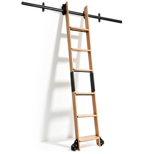 Leinuosen 7ft Rolling Library Ladder 87 with 4ft Track Kit 450lbs Capacity Solid Oak Wood Ladder with Bottom Wheels Included Sliding Kit for Home Bookshelf Loft