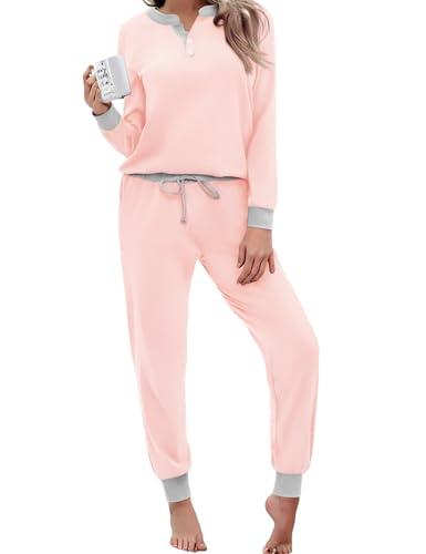 Aseniza Pijama de Invierno para Mujer - Conjunto de Manga Larga de Algodón, Ropa de Dormir con Pantalones para Casa, Suave y Cómodo (455-Rosado, XL)