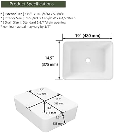 MEJE Rectangle Vessel Sink 19" White Bathroom Sink, Above Counter Porcelain Ceramic Sink Bowl - 5