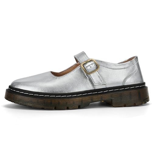Image of Women's Mary Jane Flat Shoes Comfort Platform Buckle Ankle Strap Flats Breathable Slip On Lightweight Office Work Shoes Silver,8 US