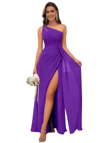 Image of OFEECHUN Women's Chiffon One Shoulder Bridesmaid Dresses Long Pleated Formal Evening Gowns with Slit