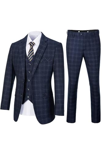 Men's Suit Set,3 Pieces Plaid Suit for Men Slim Fit Formal Bussiness Wedding Suit Prom Tuxedos Suit Blazer Vest Pant3
