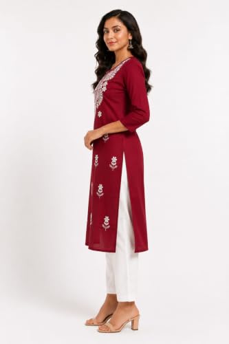 Image of Comforts Women's Maroon Embroidered Straight Kurta
