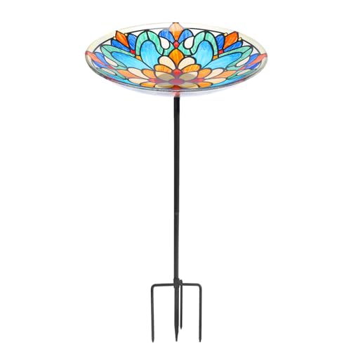 MUMTOP Bird Baths for Outdoors Glass Birdbath Birdfeeder Bowl with Metal Stake for Outside Garden Yard Lawn Tiffany Style Decor