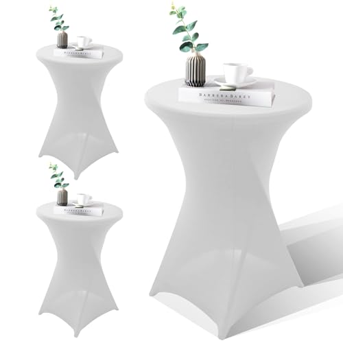 WANDGU Lot de 3 housses extensibles pour table haute : 60 x 110 cm Blanc Housses de table mange-debout Nappe en élasthanne extensible pour mariage fête...
