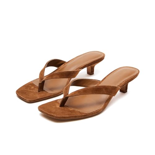 Kitten Heeled Thong Sandals for Women Suede Flip Flop Square Open Toe Slip on Slides
