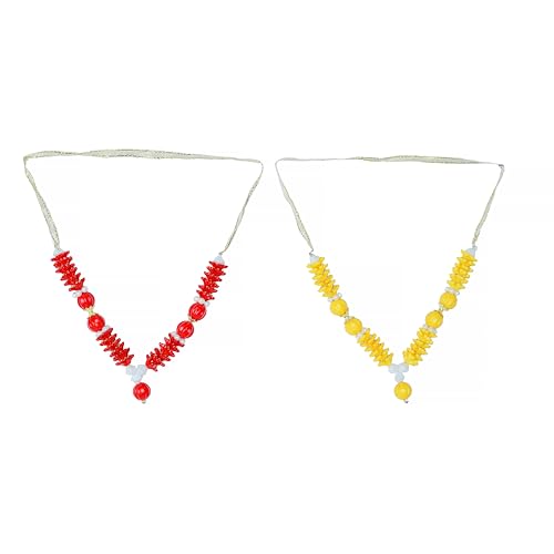 Aditri Creation Set of 4 Mala Artificial Beads Ribbon Garland, Pooja Ornament Traditional Festival Navratri Ganesha Decoration Home Decor for God Frame (Size:-3.5" Inches)(Colour:- Red and Yellow)