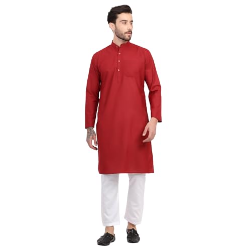 Image of HUZUR Men's Cotton Full Sleeve Long Knee Length Kurta Pajama Comfortable Wear for Festival and Occasion like Holi,Diwali,Eid,Haldi,Mehendi and Wedding