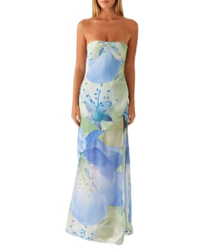Image of Women Floral Strapless Maxi Dress Y2K Bodycon Tube Long Dresses Sexy Party Formal Cocktail Beach Slit Dress