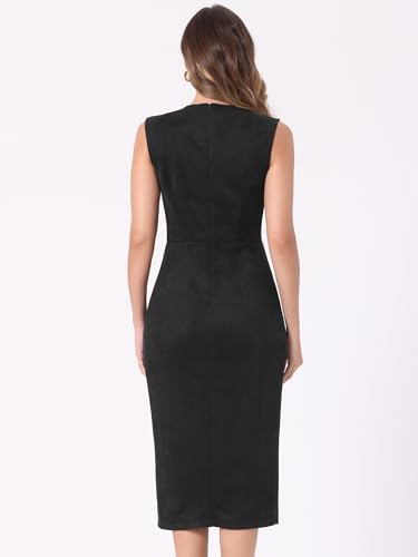 Image of Allegra K Faux Suede Dresses for Women's Sleeveless Crewneck Split Hem Work Office Sheath Dress