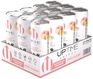 UPTIME – White Peach Lemonade – Zero Sugar (12 Pack), Premium Energy Drink, 12oz Bottles, Natural Caffeine, Sparkling, Natural Flavors, 5 Calories