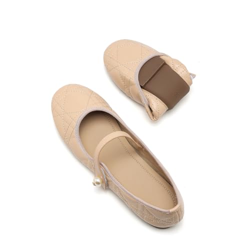 HROYL Women's Flats Shoes Round Toe Comfortable Ballet Flats Leather Dress Shoes Work Flats for Office Model, HDJN-818-74