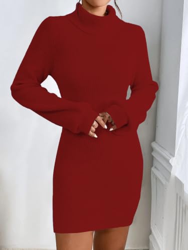 Image of Turtleneck Sweater Dress for Women Lantern Sleeve Mini Bodycon Ribbed Knit Sweater Pullover Short Dresses XS-XXL