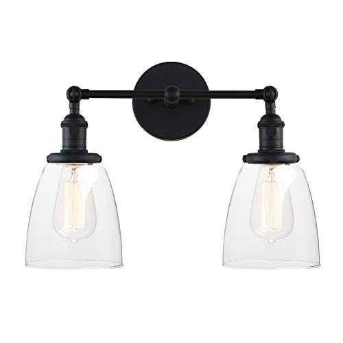 Pathson 2-Light Wall Sconce, Industrial Bathroom Wall Light Fixtures Vintage Wall Lamp Lighting for Living Room Bedroom Matte Black