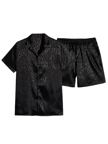 Verdusa Men's 2 Piece Lounge Set PJ Set Leopard Jacquard Button Front Shirt and Short Sets Black