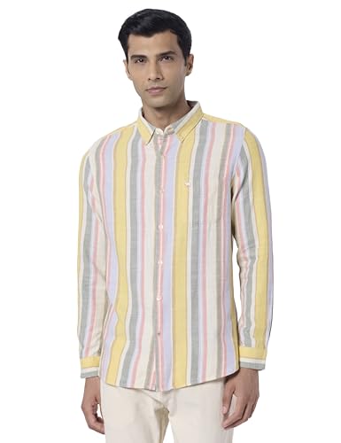 Image of THE BEAR HOUSE Men's Striped Slim Fit Cotton Linen Casual Shirt | Multicolour | TBH-IDET-MC