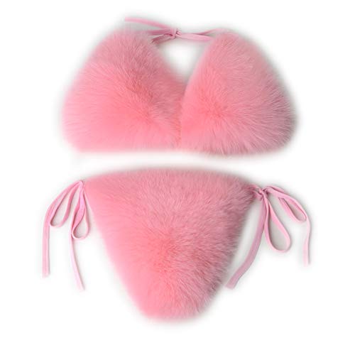 Femme Ensemble de Bikini Fourrure de Renard Véritable Bralette Partie de Fourrure Amovible Rose Cover