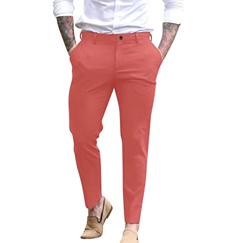 Mens Classic Casual Business Office Work Smart Pants Formal Dress Pants Comfort Flat-Front Stretch Pleated Chino Golf Trousers Loose Straight Leg Everpress Pants Cotton Twill Long Slacks Pink