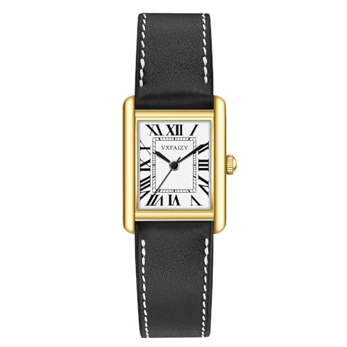 VXFAIZY Montre Femme Rectangle Rétro Chiffres Romains Bracelet Cuir (Or Noir)