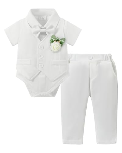 Zoerea Completini e Coordinati per Bambino, Ragazzino Battesimo Cerimonia Pagliaccetto Abbigliamento Set Pagliaccetto con Fiocco + Gilet + Corsage + Pantaloni Stile 2 Bianco, 6-12 Mesi