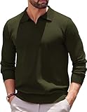 COOFANDY Long Sleeve Polo Shirts for Men Knit Polo Sweater Lightweight Ribbed Pullover Sweater Dark Green