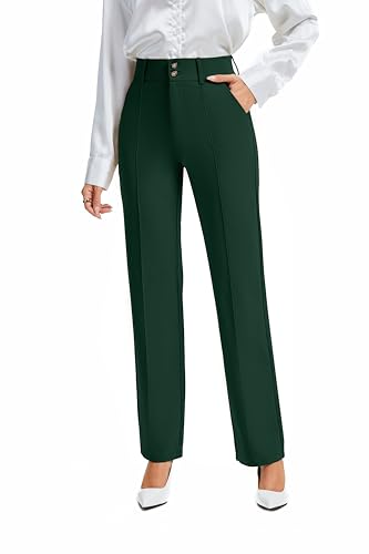 FUNYYZO Dress Pants Women's Stretchy Straight Leg Button Slacks Trousers with Pockets Casual Pants4