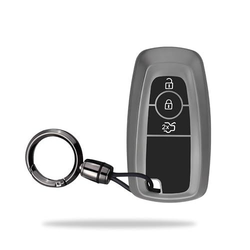 Image of SIAGO TPU Key Cover and Round Key Chain Compatible with Endeavour | Figo | Aspire | Freestyle Titanium 3 Button Flip Key (Grey)