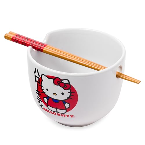 Silver Buffalo Sanrio Hello Kitty Japanese Ceramic Ramen Noodle Rice Bowl with Chopsticks, Microwave Safe, 20 Ounces