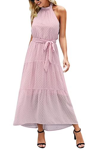 Image of PRETTYGARDEN Women's Halter Neck Floral Long Maxi Dress Casual Sleeveless Backless Dresses Loose Ruffle Sundress with Belt