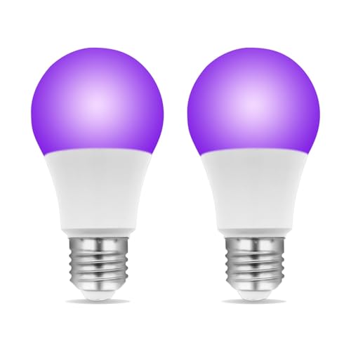 Akynite Bombilla Luz Negra E27 LED 9W para Fiesta Fluorescente, AC 85-265V, UVA 385-400nm, 270 Grados, Lámpara Negra Ultravioleta LED E27, Bombilla para Halloween Party, pack de 2