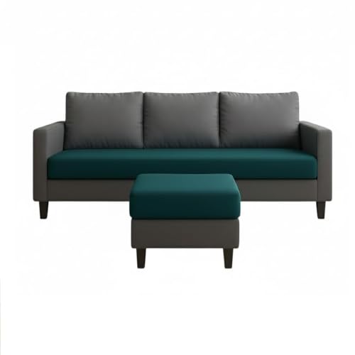 Image of FURNY Arnold 4 Seater L Shape Sofa Set with Movable Ottoman | Flexible Left or Right Layout | Plush Velvet Fabric (Dark Grey-Greenish Teal) | Perfect for Living Room, Guest Room & Office