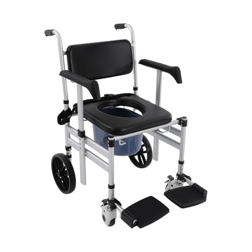 Fauteuil roulant de douche 3 en 1 en alliage d'aluminium, pliable, hauteur réglable de 46 à 54 cm, capacité de charge de 150 kg, roulettes avec freins, pour...
