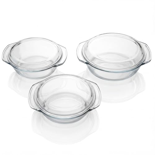 Arendo - Glas Ofenform Auflaufform rund mit Deckel und Griffen 3er Set Borosilikatglas 3 Größen 1000ml 1500ml 2000ml ofenfest mikrowellengeeignet nachhaltig BPA-frei - klein bis groß