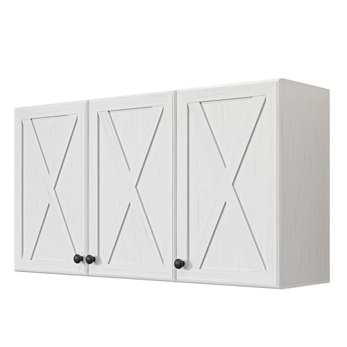 Farmhouse Large Wall Cabinets - Upper Kitchen Laundry Wall Amount Storage Cabinets with 3 Doors and Adjustable Shelves,in 44
