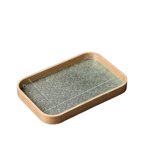 MCSWSEE レトロ 木製トレー ガラス天板 花海棠柄 雲型 楕円デザイン | カフェトレイやお盆トレーとして多用途に活用 おしゃれな盛器に最適な透明ガラスプレート インテリアとしても魅力な収納盆 和洋折衷のテーブルウェア (丸太の角丸長方形) [並行輸