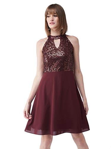 Miss Chase Women's Flowy Sequin Georgette Skater Dress(MCSS18D10-61-184-04,Wine Red,Medium)