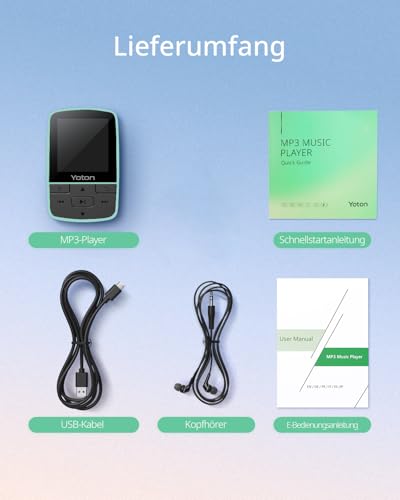 Yoton MP3-Player mit Bluetooth 5.2, HiFi-Klangqualität, FM-Radio, Sprachaufnahme, unabhängiger Lautstärkeregler, inkl. Kopfhörer, erweiterbar auf 128 GB SD-Karte, Minzgrün