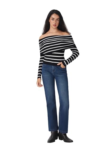 CIDER Striped Off The Shoulder Long Sleeve Knit Sweaters Going Out Fall Tops2