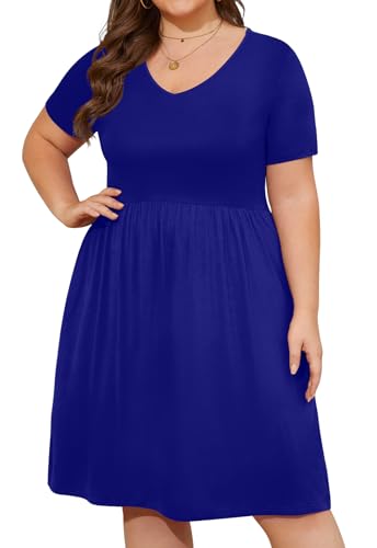 Image of DB MOON Women Plus Size Dresses 2026 Summer Casual V Neck Short Sleeve Knee Length Dress with Pockets