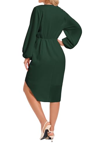 Image of Women's Wrap V Neck Asymmetrical Hem Midi Ruched Cocktail Evening Dress | Back Zipper, Regular Fit, Club Night, Semi Office Formal, Wedding Dinner Date, Flutter Short Sleeve
