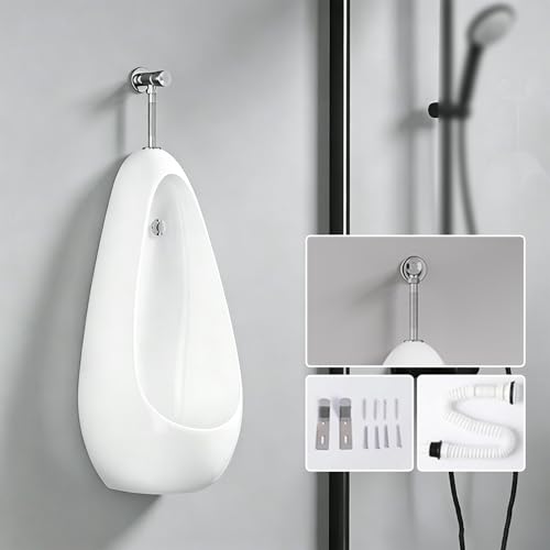 Urinal de cerámica para montaje en pared para hombres con sensor de descarga, diseño delgado, fácil de limpiar para baños, baños públicos, espacios comerciales, escuelas y hospitales (presión manual, 67 cm / 26,3 pulgadas) miniatura 1