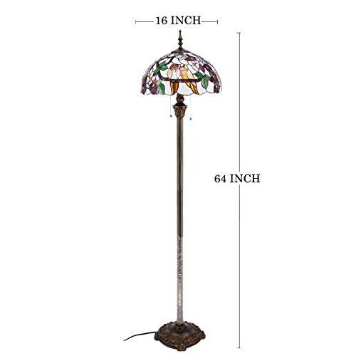 WERFACTORY Tiffany Floor Lamp Double Tropical Birds Stained Glass Standing Reading Light 16X16X64 Inches Antique Pole Corner Lamp Decor Bedroom Living Room Home Office S803 Series
