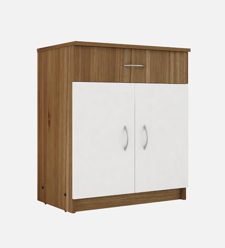 Image of Cabin Multipurpose Storage Unit | Engineered Wood Free Standing Cabinet | Sideboard Storage Organizer with Drawer & Doors | Lyon Teak & White | DIY Assembly