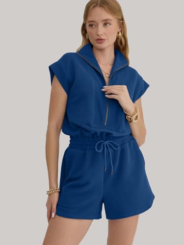 Image of Rompers for Women Summer Short Sleeve Half Zip Lapel Collar Jumpsuit Casual Drawstring One Piece Outfits with Pockets