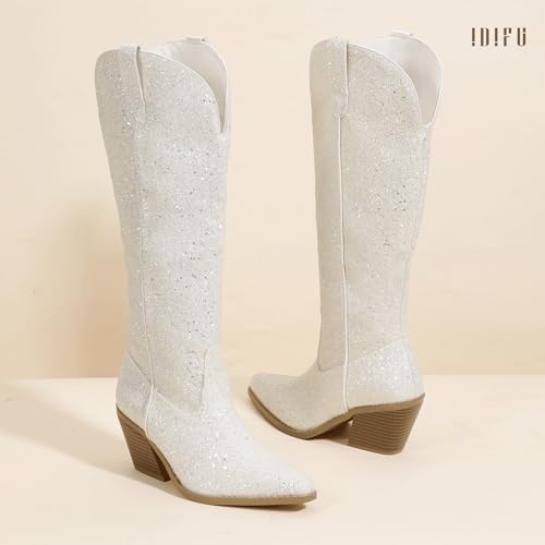 IDIFU IN3 Sparkly Cowboy Cowgirl Boots for Women Knee High Tall Long Glitter Dress Low Chunky Block Heel Sequin Sparkle Wedding Party Date Bride Ladies Bling Shiny Boots4