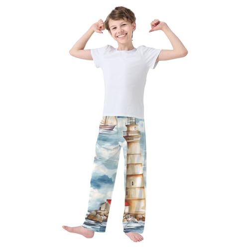 ZZXXB Lighthouse and Sailboat Boys Long Pants Soft Trousers Elastic Waist Kids Lounge Bottoms with Pockets S-XL3